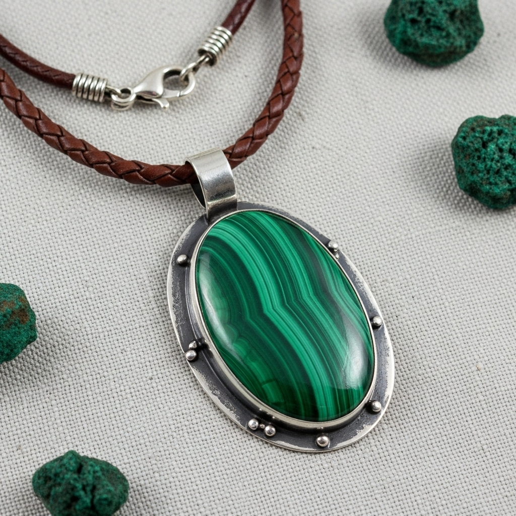 Artisan Malachite Pendant - Leather Cord Necklace